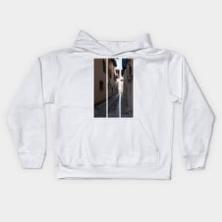 North Italy Life in the center of the lombard medieval city. Walking through narrow streets and walls. Sunny summer day. (vertical) Kids Hoodie